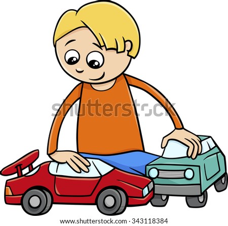 Cartoon Illustration of Happy Boy with Toy Cars