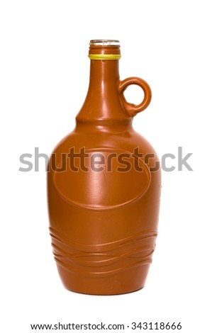 clay jug wine bottle on white background