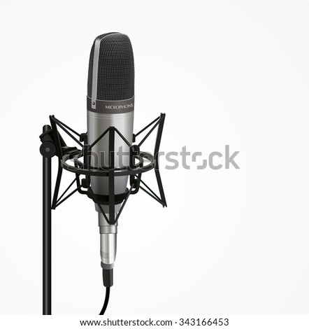 Technology object, sound recording equipment concept - Closeup studio 3d silver microphone with black cable on mic stand. realistic design, vector art image illustration, isolated on white background