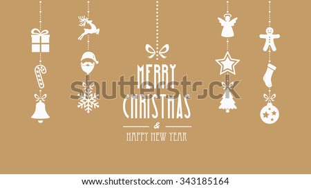 merry christmas decoration elements hanging gold background Royalty-Free Stock Photo #343185164
