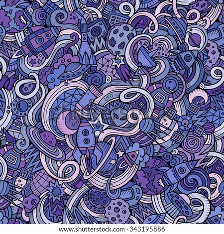 Cartoon hand-drawn doodles on the subject of space style theme seamless pattern. Vector  background