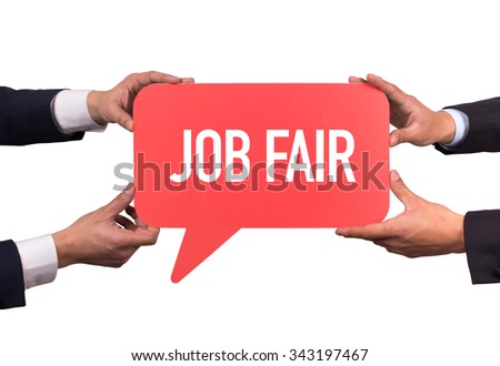 Two men holding red speech bubble with JOB FAIR message