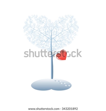winter  tree with  a red heart  on  a branch