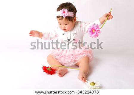 Cute little baby girl in pink new year/christmas costume on white background
