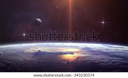 Planet over the nebulae in space. Elements of this image furnished by NASA Royalty-Free Stock Photo #343230374