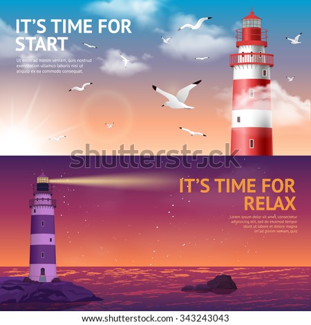Lighthouse during day and night horizontal banner set isolated vector illustration