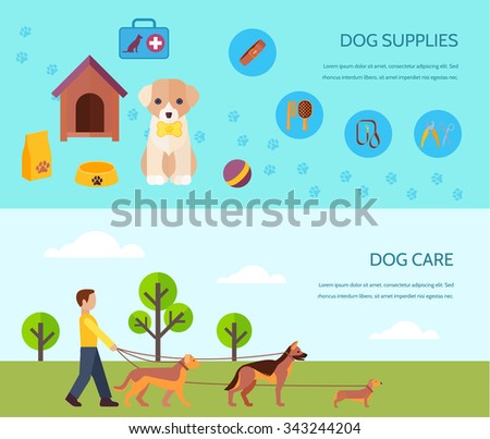 Dogs  puppies breeds accessories supply and care 2 flat  horizontal banners composition poster abstract isolated vector illustration