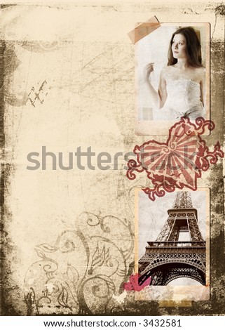 Grunge album page with vintage photos of beautiful bride and Eiffel Tower, heart seal
