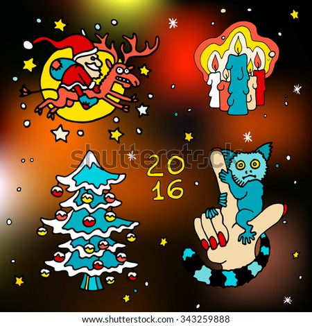 Christmas and happy new 2016 year icons. Set of bright and colorful illustrations on winter abstract background.