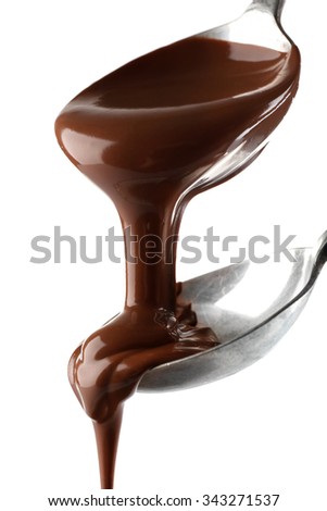 Melted milk chocolate pouring from spoons, isolated on white, close-up
