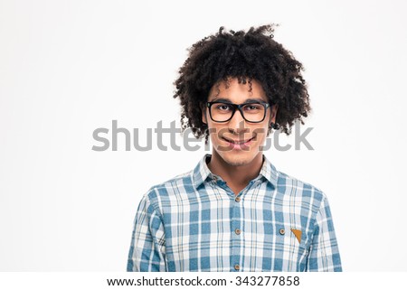 Portrait of a smiling afro american man in glasses looking at camera isolated on a white background