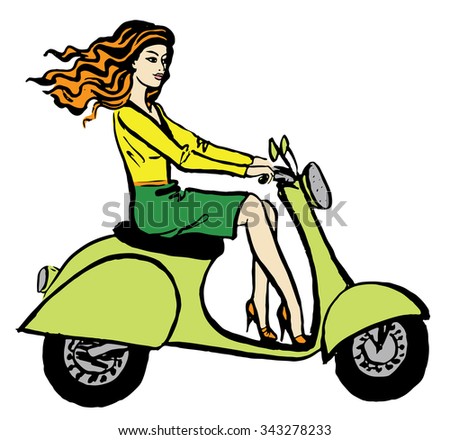 Fashion illustration of beautiful young woman driving scooter. Hand drawn ink sketch isolated on white. Clip art