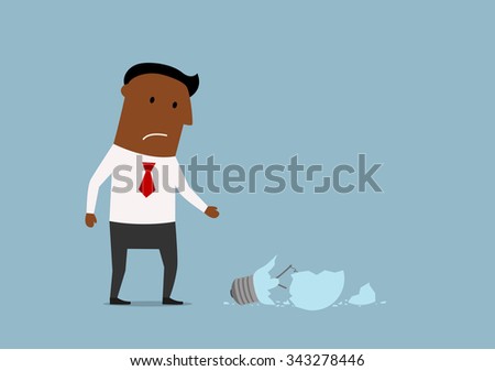 Tired and depressed cartoon african american businessman with broken idea light bulb, for failed idea or depression  concept design
