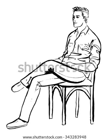 Fashion outline illustration of man sitting in cafe. Ink hand drawn sketch isolated on white. Clip art