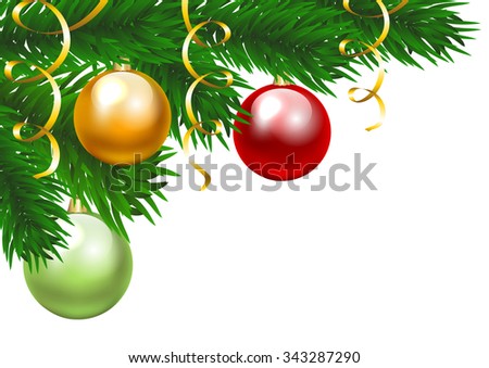Christmas tree branch with three colorful baubles. Clip art