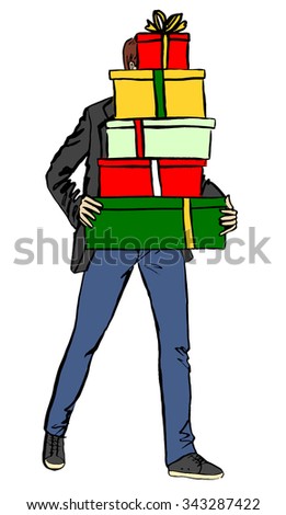Fashion illustration of man with Christmas gifts. Ink hand drawn sketch isolated on white. Clip art