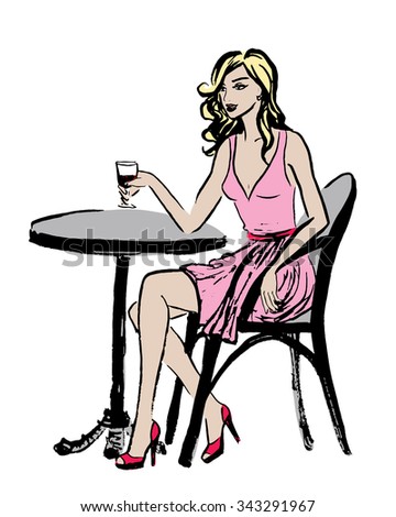 Fashion illustration of sitting woman in cafe of Paris. Ink sketch isolated on white. Clip art.