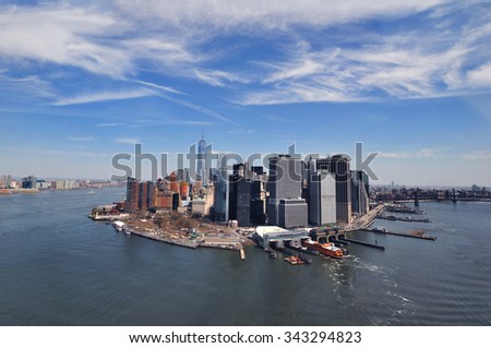 NEW YORK, NY, USA: Aerial View of the Downtown Manhattan in New York. Manhattan is a major commercial, economic, and cultural center of the United States.