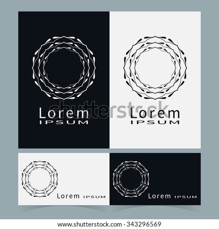 Black and white symbols, stylized flower round ornament. Business cards set. Isolated geometric shapes, vector elements for logo, icon, label design.