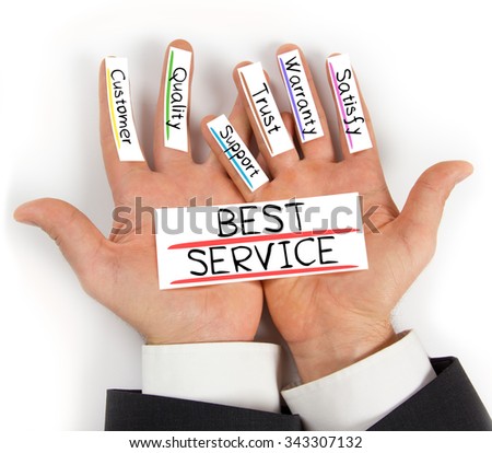 Photo of hands holding paper cards with BEST SERVICE concept words