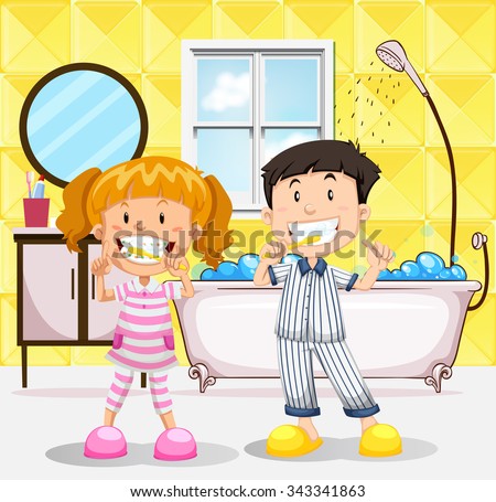 Boy and girl brushing teeth in the bathroom illustration