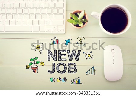 New Job concept with workstation on a light green wooden desk Royalty-Free Stock Photo #343351361