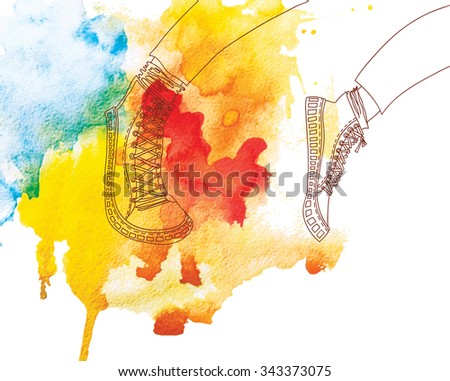 jogging in sports shoes on watercolor background. 