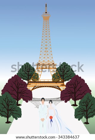 The vector french wedding couple with Eiffel Tower