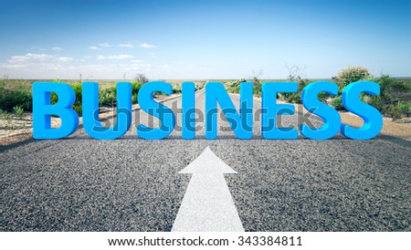 An image of a road to the horizon with 3d text business