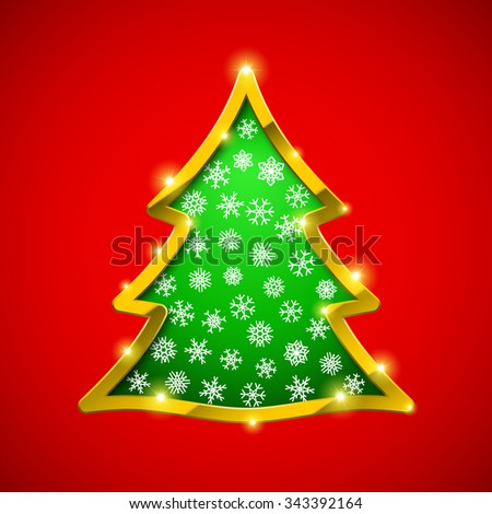 Christmas tree card with golden border and showflakes
