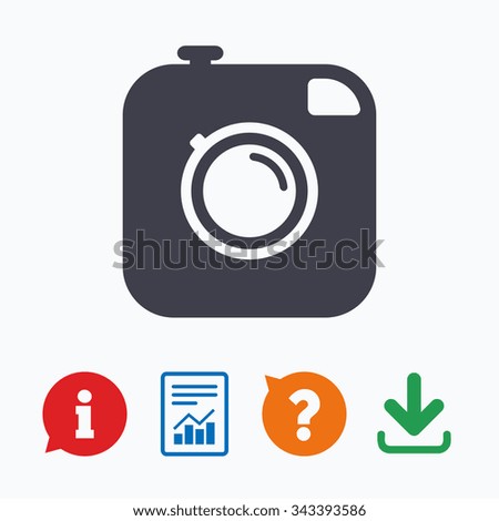 Hipster photo camera sign icon. Retro camera symbol. Information think bubble, question mark, download and report.