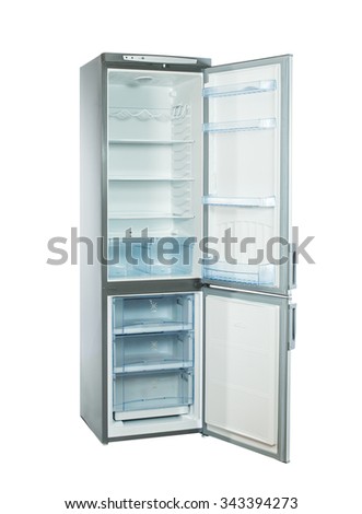 three-quarter studio shot big stainless steel refrigerator with bottom freezer isolated on white