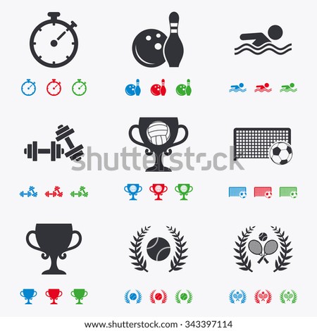 Sport games, fitness icons. Football, tennis and volleyball signs. Swimming, timer and bowling symbols. Flat black, red, blue and green icons.