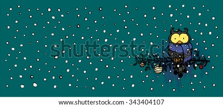 Owl with scarf.Funny looking character sitting on decorated pine tree branch.Christmas card vector