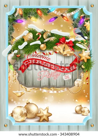 Merry christmas wooden window card. Eps 10 vector file included