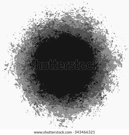 Black and grey painted background for your text. Blank space on isolated round paint splashes shape. For posters, banners, advert template. Distress grunge background. EPS10 vector. Vivid design