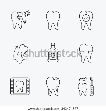Tooth, dental crown and mouthwash icons. Caries, tooth extraction and hygiene linear signs. Brushing teeth flat line icon. Linear black icons on white background.