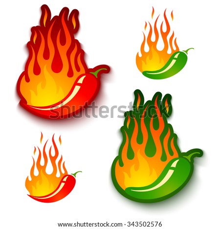 Vector set illustrations of a hot jalapeno and chili peppers in fire Royalty-Free Stock Photo #343502576