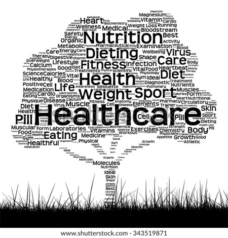 Vector concept or conceptual black health text word cloud as tree and grass isolated on white background metaphor for health, nutrition, diet, wellness, body, energy, medical, sport, heart or science