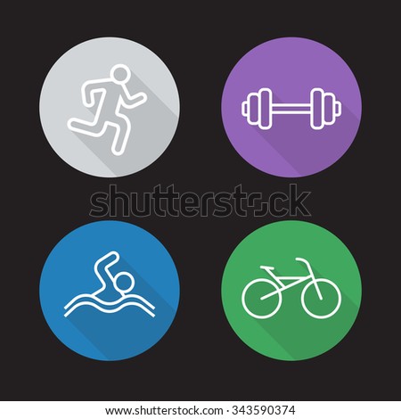 Sport flat linear icons set. Running man, gym workout symbol, swimmer and bicycle pictograms. Athletic activity. Long shadow outline logo concepts. Line art illustrations on color circles. Vector