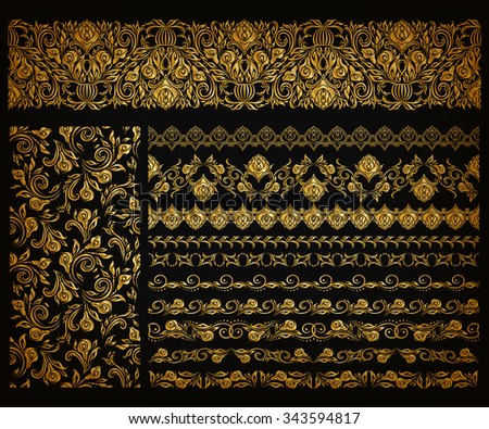 Set of horizontal golden lace pattern, decorative elements, borders for design. Seamless hand-drawn floral ornament on black background. Page, web site decoration. Vector illustration EPS 10.
