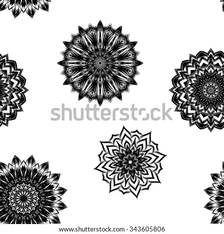 Seamless floral background. Tracery handmade nature ethnic fabric backdrop pattern with flowers. Textile design texture. Decorative binary art. Vector. 