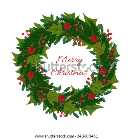 Christmas wreath with fir branches and red berries on a white background