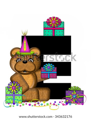 The letter E, in the alphabet set "Teddy Birthday Surprise," is black.  Teddy bear, party hat, gifts and confetti decorate letter.