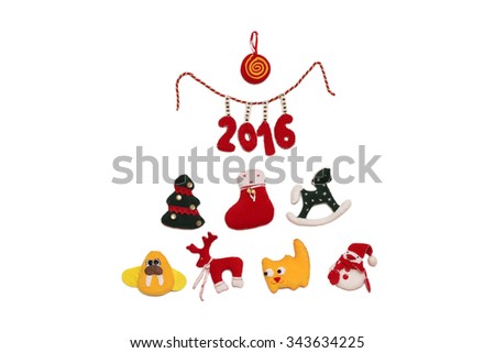 New Year Tree with 2016 sign formed with handmade Christmas toys over white background, winter holidays symbol