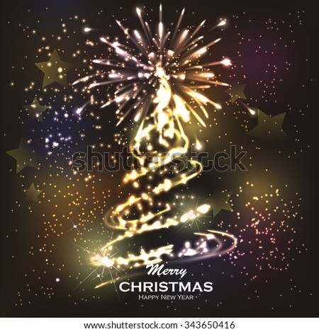 Shooting Star Christmas tree. Festive gold Firework Salute Burst. Christmas magic tree with bright star on golden background. Shining Christmas tree on dark background with bokeh effect.