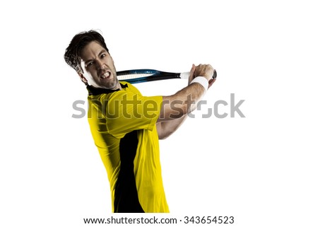 Tennis player with a yellow shirt, playing on a white background.