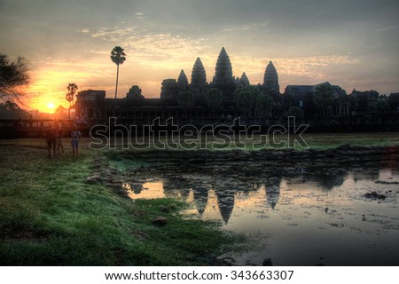 The Angkor Wat temple at sunrise in Cambodia