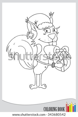 Coloring book - cheerful squirrel with acorn as present (vector)