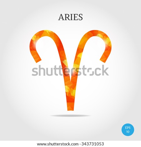 Isolated, symbol, sign, icon of aries, made from orange, triangular pattern, situated on bright background